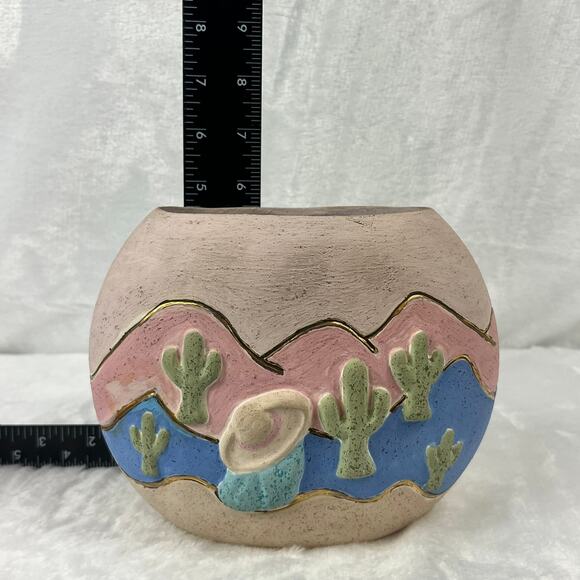Southwestern Desert Scene Pottery Vase Cactus Sunset Relief Painted 5.5 Handmade - Picture 10 of 13